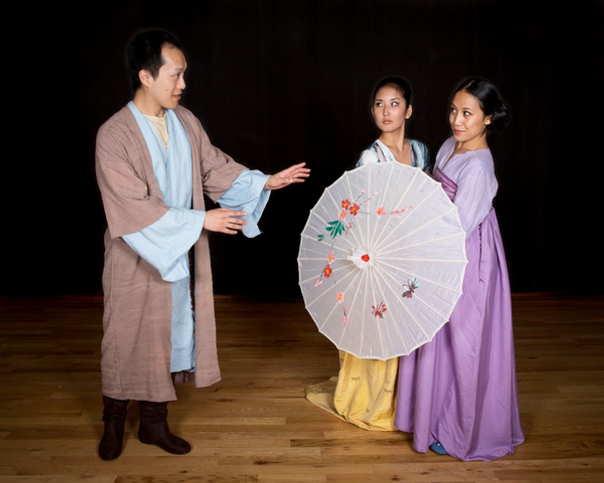 It's love at first sight for student Chang (Charles Pang, left) when he glimpses beautiful Ying-Ying (Jessica Wu, right) strolling through the gardens of the Buddhist monastery with her handmaiden Hong-Niang (Mari Uchina, center). at 