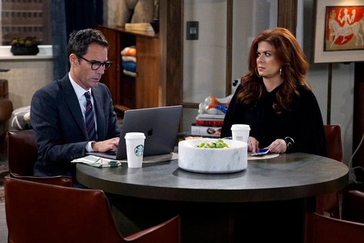 WILL & GRACE -- '11 Years Later' Episode 101 --  Pictured: (l-r) Eric McCormack as Will Truman, Debra Messing as Grace Adler -- (Photo by: Chris Haston/NBC) at 