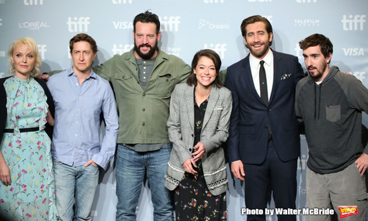 Miranda Richardson, director David Gordon Green, screenwriter John Pollono, Tatiana Maslany, Jake Gyllenhaal and Jeff Bauman at 