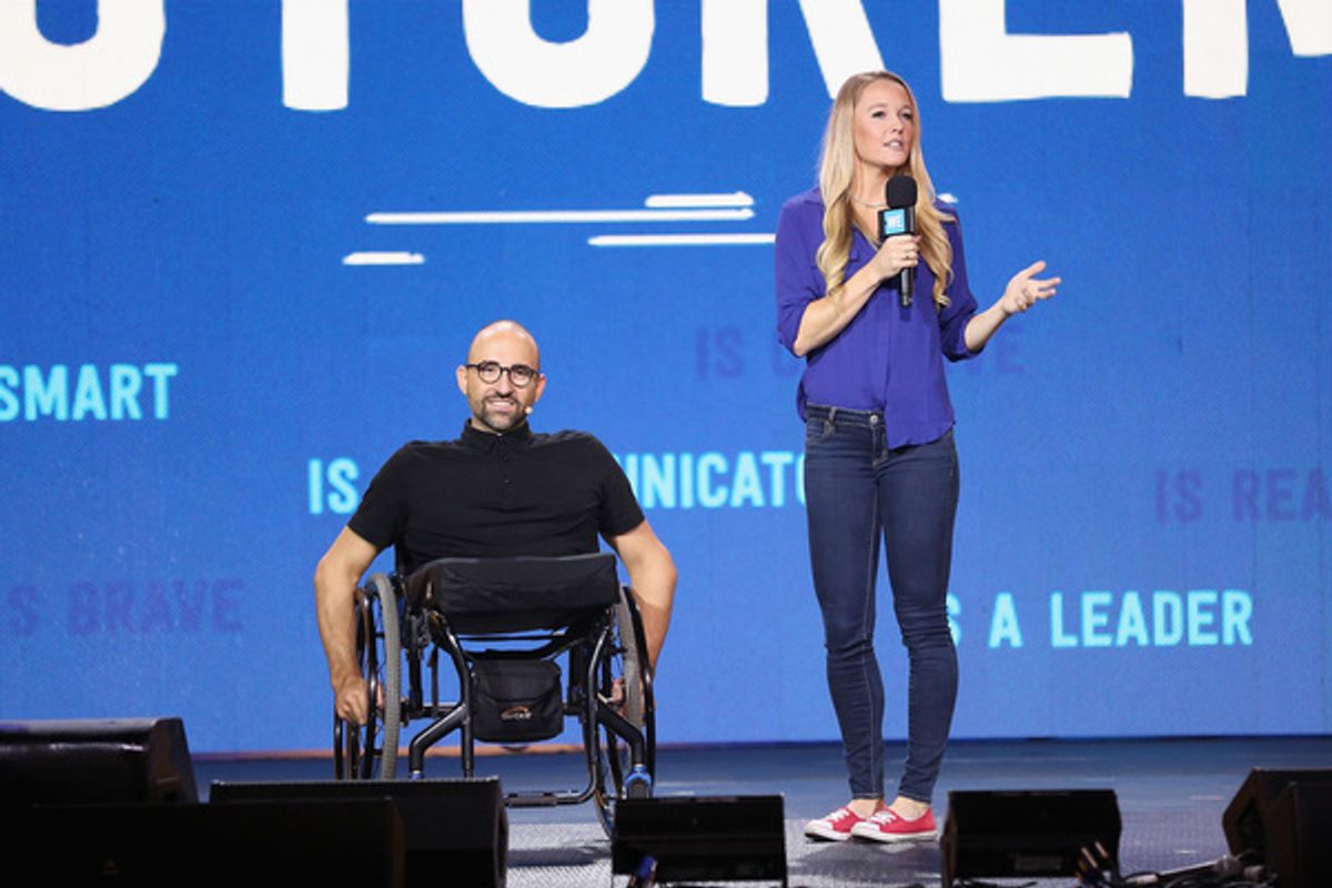 Spencer West and Sarah Wells speak onstage at WE Day UN. (Photo by Monica Schipper/Getty Images for We Day) at 