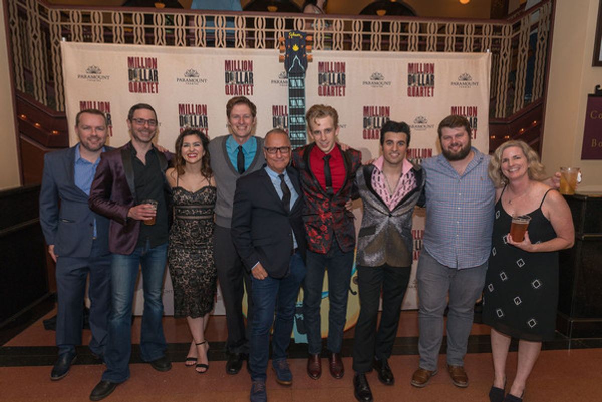 (from left) Paramount Theatreâ€™s cast and crew celebrate the opening of Million Dollar Quartet. From left:  assistant stage manager Matthew McMullen, associate music director Ethan Deppe, Courtney Mack (Dyanne), Scott Simon (Fluke), director Jim Corti, G at 