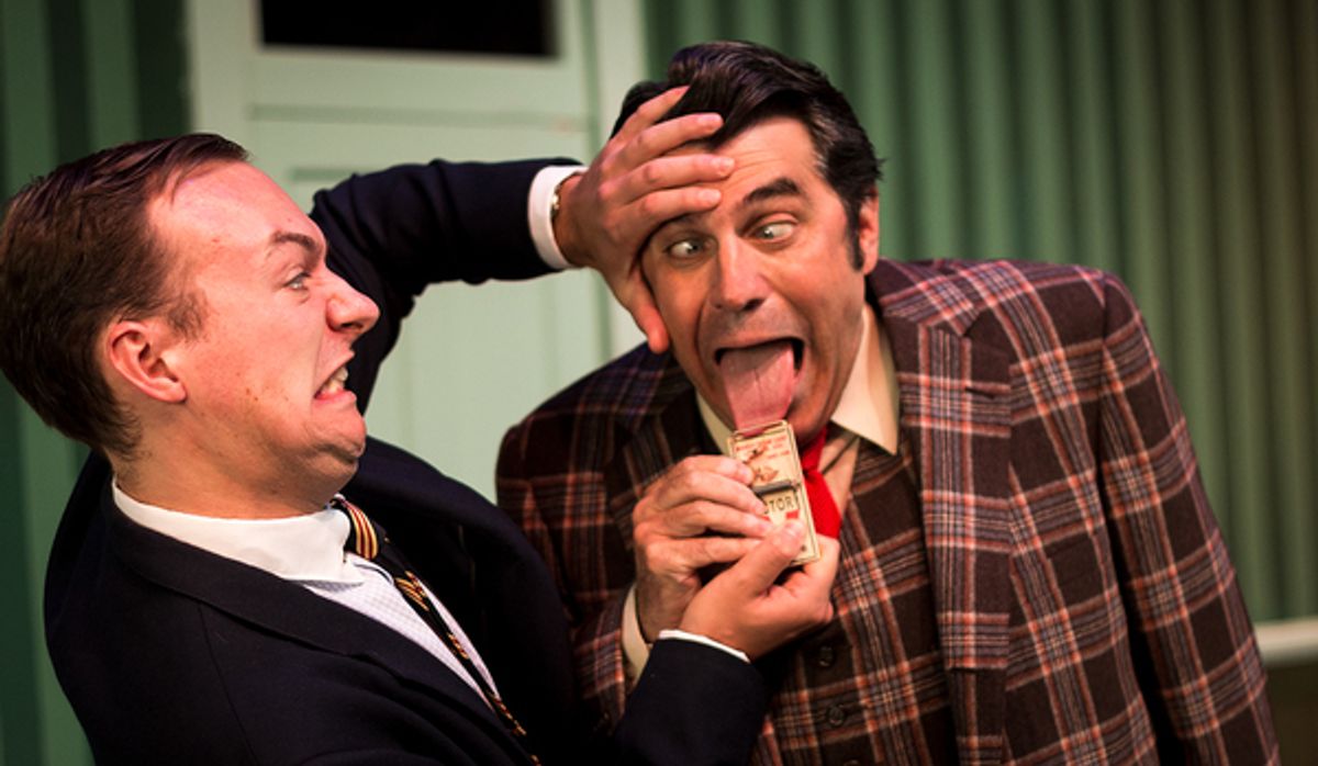 Dillon Yuhasz and Michael Bernard in The Theatre Group at SBCCâ€™s production of ONE MAN, TWO GUVNORS by Richard Bean, October 11-28, 2017 Garvin Theatre, SBCC West Campus.  805-965-5935 or www.theatregroupsbcc.com for tickets and information.
Photo credi at 