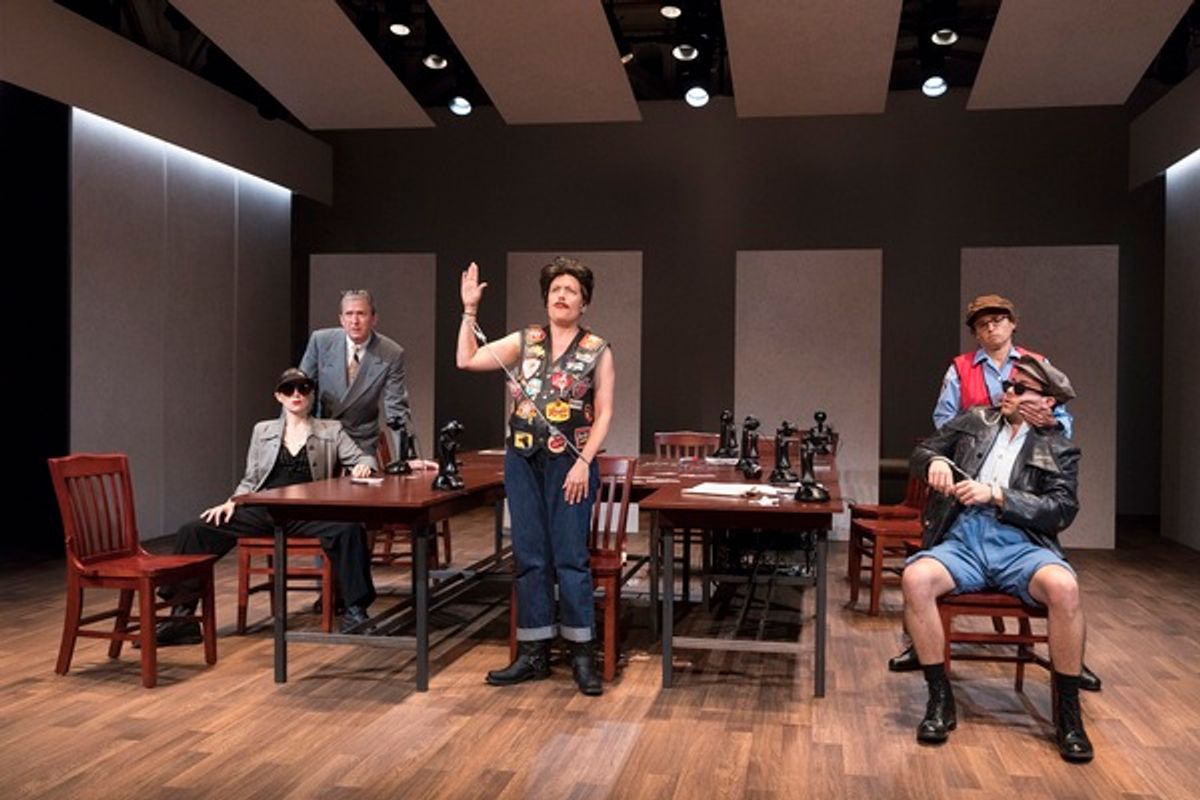 The company of Elevator Repair Service's MEASURE FOR MEASURE, running at The Public Theater at 