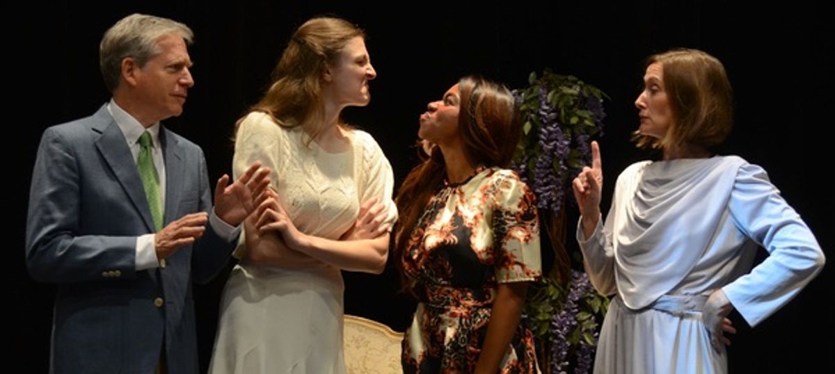 David Cantor as Chrysale, Lizzie Englemerth as Henriette, Nadia Denise Brown as Armande, and Sandy York as Philamente in the CSC production of The Learned Ladies, adapted by Freyda Thomas, Oct 6-22  2017 at the Lackland Performing Arts Center in Hackettst at 