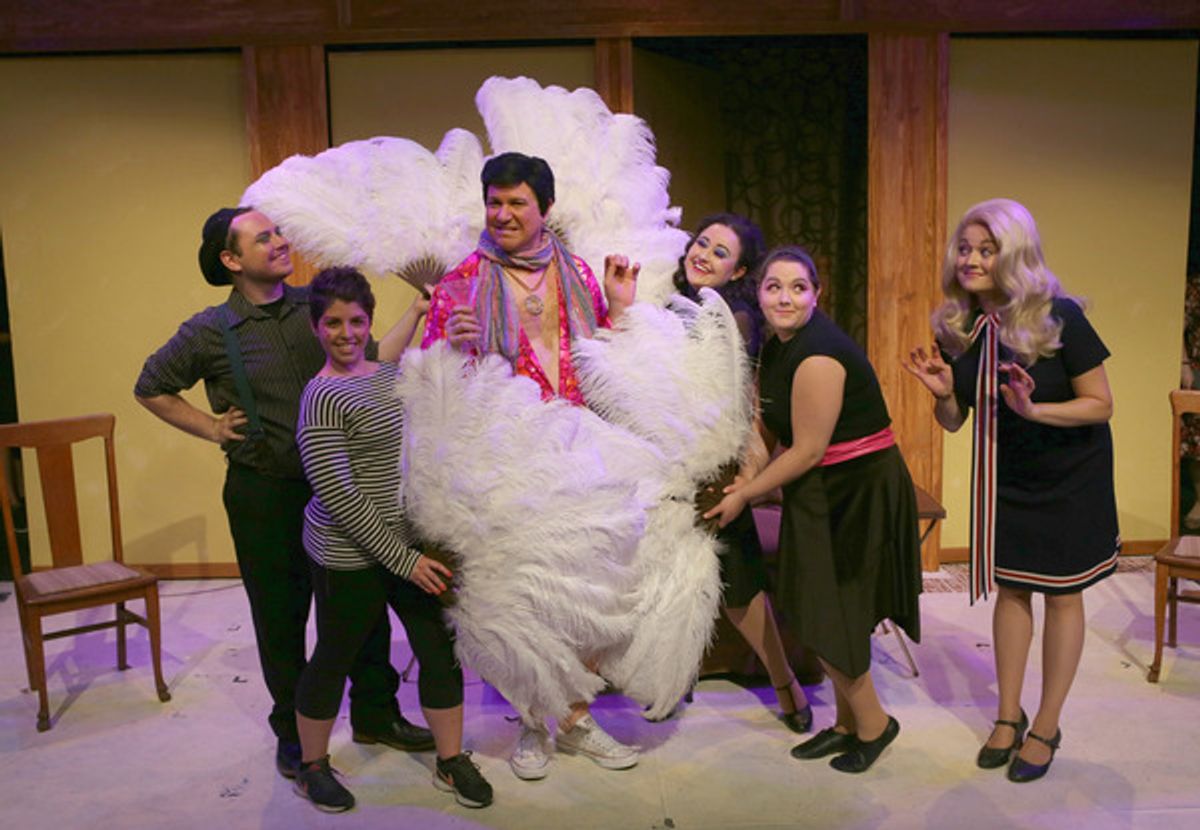 (center) Ed Jones as Uncle Arthur with (left to right) Travis Monroe Neese, Sarah Taylor, Jennifer Ledesma, Kira Gaudynski and Elizabeth Morgan as Samantha in Hell in a Handbag Productionsâ€™ world premiere musical BEWILDERED. Photo by Rick Aguilar Studio at 