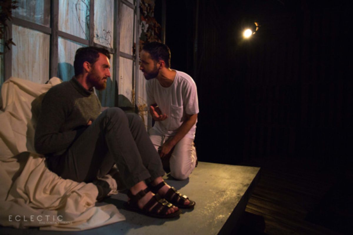 Judas (Alexander Utz) and Jesus (Matthew Harris) share a tense moment in THE LAST DAYS OF JUDAS ISCARIOT at Eclectic Full Contact Theatre.

Tickets available now at eclectic-theatre.com at 
