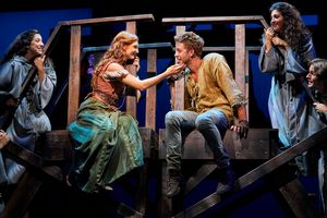 Esmeralda (Keri Rene Fuller*) and Quasimodo (Corey Mach*) share a tender moment atop Notre Dame as his friends (Michelle Pauker, Mackenzie Wright and Mickey Patrick Ryan*) offer support. @ BroadwayWorld Esmeralda (Keri Rene Fuller*) and Quasimodo (Corey Mach*) share a tender moment atop Photo