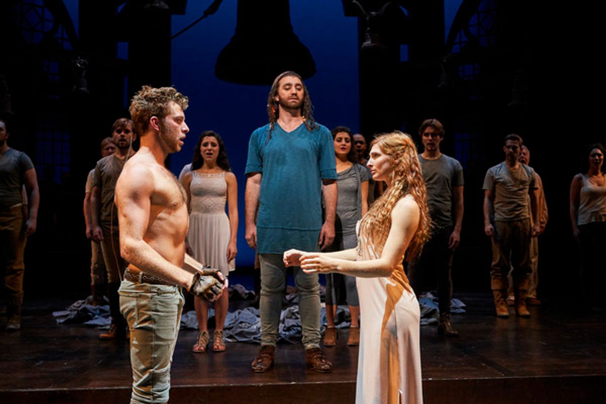 Esmeralda (Keri Rene Fuller*) and Quasimodo (Corey Mach*) meet one last time as Clopin Trouillefou (Alex Syiek*) shares the conclusion of their tragic story, with the ensemble: Derrick Cobey*, Aled Davies*, Jodi Dominick*, Jillian Kates*, Olivia Kaufmann, at 