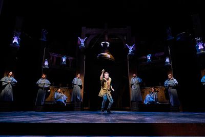 Quasimodo (Corey Mach*) greets his friends (Derrick Cobey*, Jillian Kates*, Olivia Ka Photo