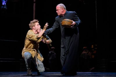 Quasimodo (Corey Mach*) is reprimanded by Dom Claude Frollo (Tom Ford*). Photo