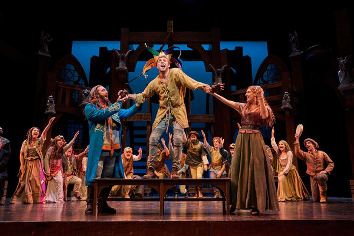 Quasimodo (Corey Mach*) is made the 'King of Fools' by Clopin (Alex Syiek*) and Esmeralda (Keri Rene Fuller*) with the ensemble: Derrick Cobey*, Aled Davies*, Jodi Dominick*, Jillian Kates*, Olivia Kaufmann, Andrew Kotzen*, Michelle Pauker, Mickey Patrick at 