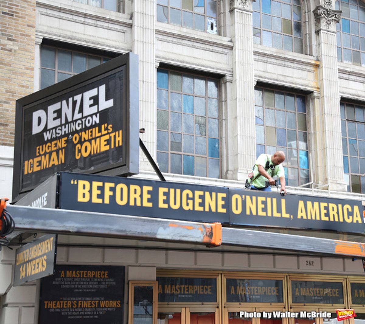 Theatre Marquee installation for Denzel Washington starring in  in 'Eugene O'Neill's The Iceman Cometh' at the  Bernard B. Jacobs Theatre on October 3, 2017 in New York City. at 
