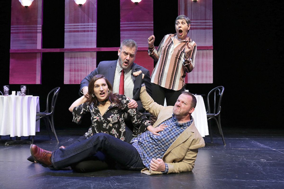 Playwright Karen Schaeffer (standing) comments on the comedy of â€"Choices,â€ in which Liz (Lyndsy Darland) has to decide between two suitors, Frank (Peter Dean, center) and Pete (Gabe Thompson, right). The world premiere of â€"Choicesâ€ is Oct. 13-29,  at 