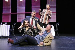Playwright Karen Schaeffer (standing) comments on the comedy of â€"Choices,†in which Liz (Lyndsy Darland) has to decide between two suitors, Frank (Peter Dean, center) and Pete (Gabe Thompson, right). The world premiere of â€"Choices†is Oct. 13-29, @ BroadwayWorld Playwright Karen Schaeffer (standing) comments on the comedy of â€"Choices,‿ Photo