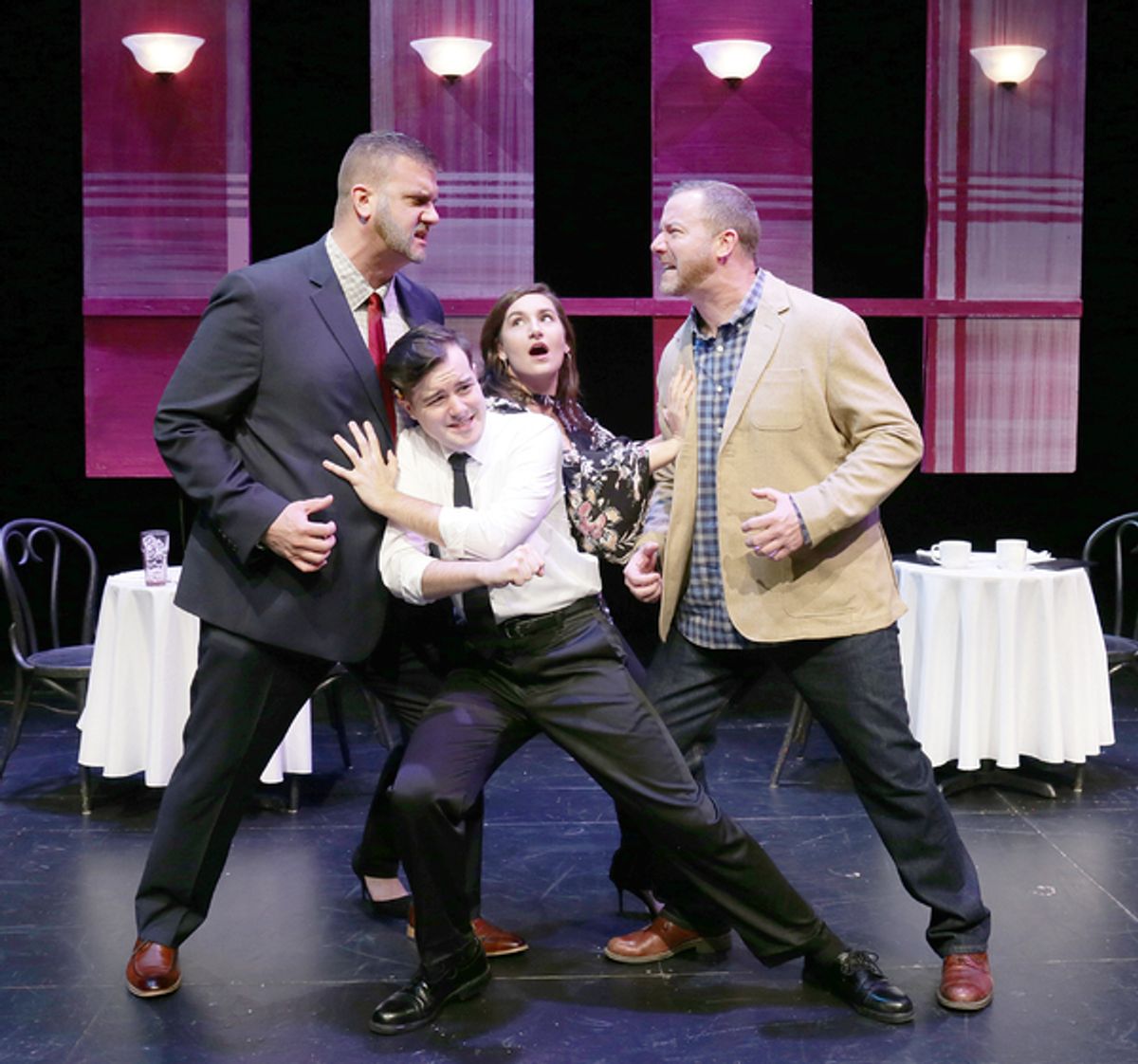Liz (Lyndsy Darland) has to choose between two suitors, Pete (Gabe Thompson, right) and Frank (Peter Dean, left) in the world premiere of â€"Choicesâ€ by Karen Schaeffer, Oct. 13-29, 2017, at the Des Moines Community Playhouse. Also pictured (center) is  at 