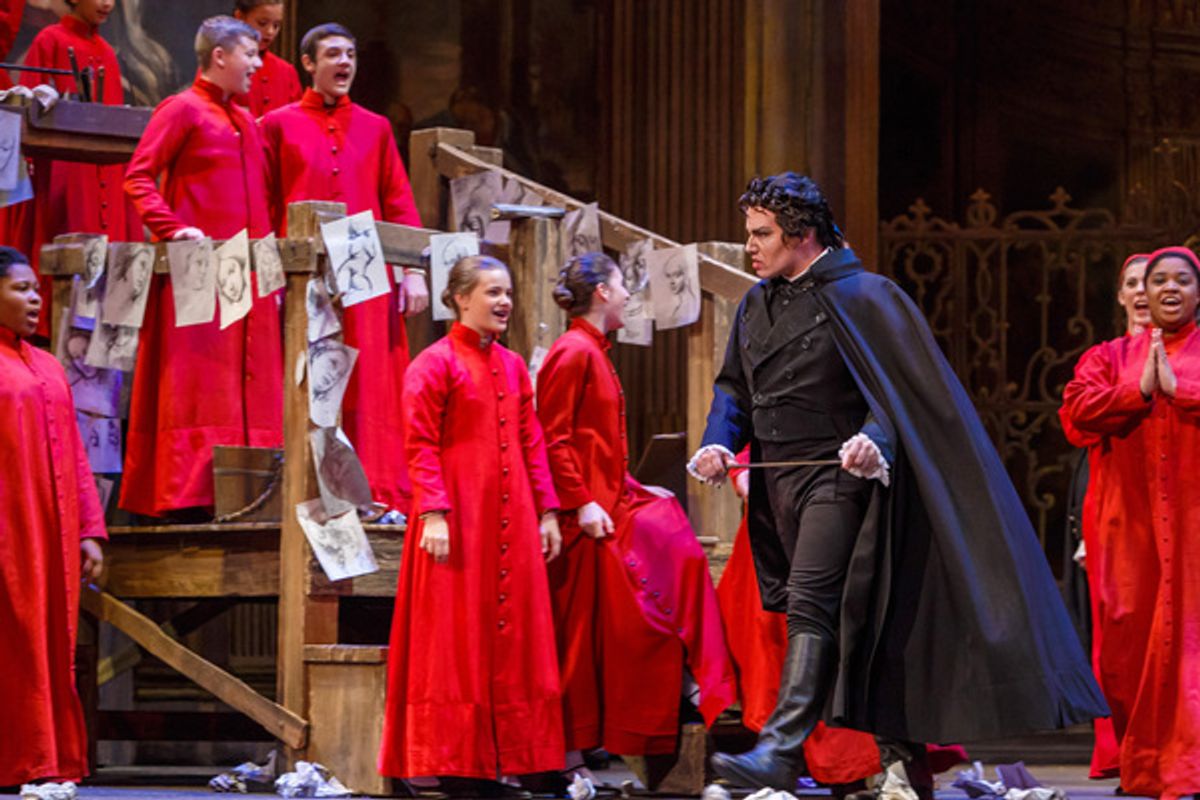  Scarpiaâ€™s cruel henchman Spoletta (Eric Ferring) storms into the church at 