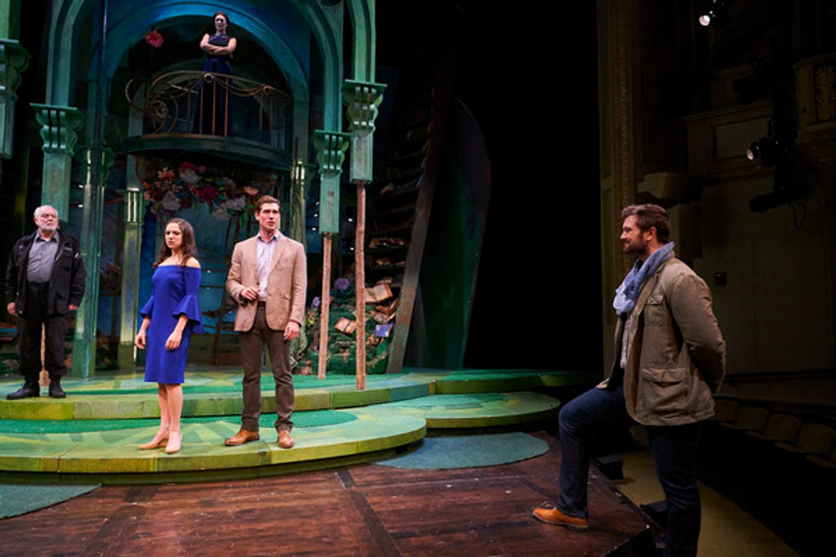 Egeus (actor, Aled Davies*) invokes an ancient law that demands Hermia (actor, Michelle Pauker) marry Demetrius (actor, Jon Loya*) against her heart as witnessed by Duke Theseus (actor, Nick Steen*) and Hippolyta (actor, Jillian Kates*)  at 