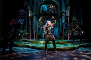 Puck (actor M.A. Taylor*) celebrates putting things right as Oberon (actor, Nick Steen*) and his attendants (actors, Dan Hoy*, Mickey Patrick Ryan* and Andrew Kotzen*) look on @ BroadwayWorld Puck (actor M.A. Taylor*) celebrates putting things right as Oberon (actor, Nick Stee Photo