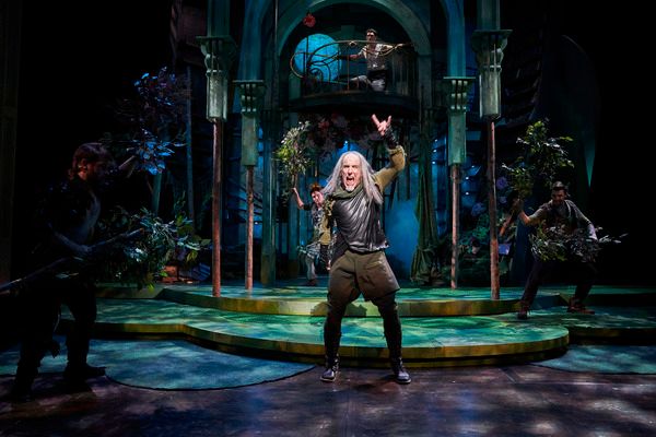 Puck (actor M.A. Taylor*) celebrates putting things right as Oberon (actor, Nick Stee Photo