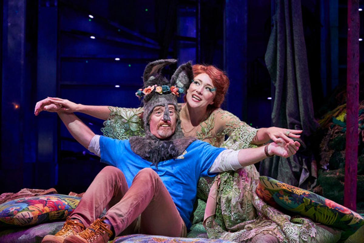 Titania (actor, Jillian Kates*) under Oberon's spell is smitten with Nick Bottom (actor, David Anthony Smith*) at 