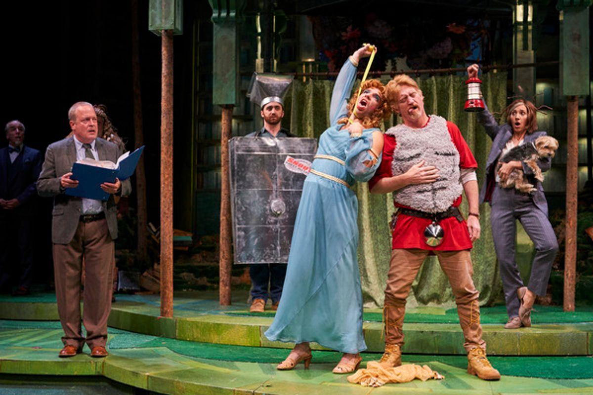 The mechanicals (actors, Tom Ford*, Alex Syiek*, Mack Shirilla*, David Anthony Smith* and Jodi Dominick*) present 'Pyramus and Thisbe' on the occasion of the wedding of Hippolyta and Theseus  at 