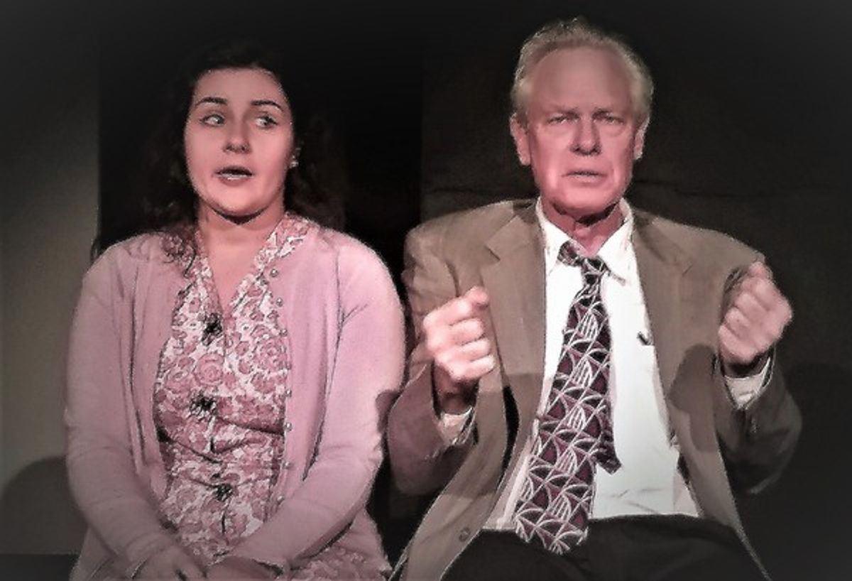 After his tipsy daughter (portrayed by Jessica Mousley, left) finds him meeting with 'the other woman,' newspaper editor Doremus Jessup (played by Tom Stevenson) has a tense drive home with her in the ActorsNET production of IT CAN'T HAPPEN HERE. at 