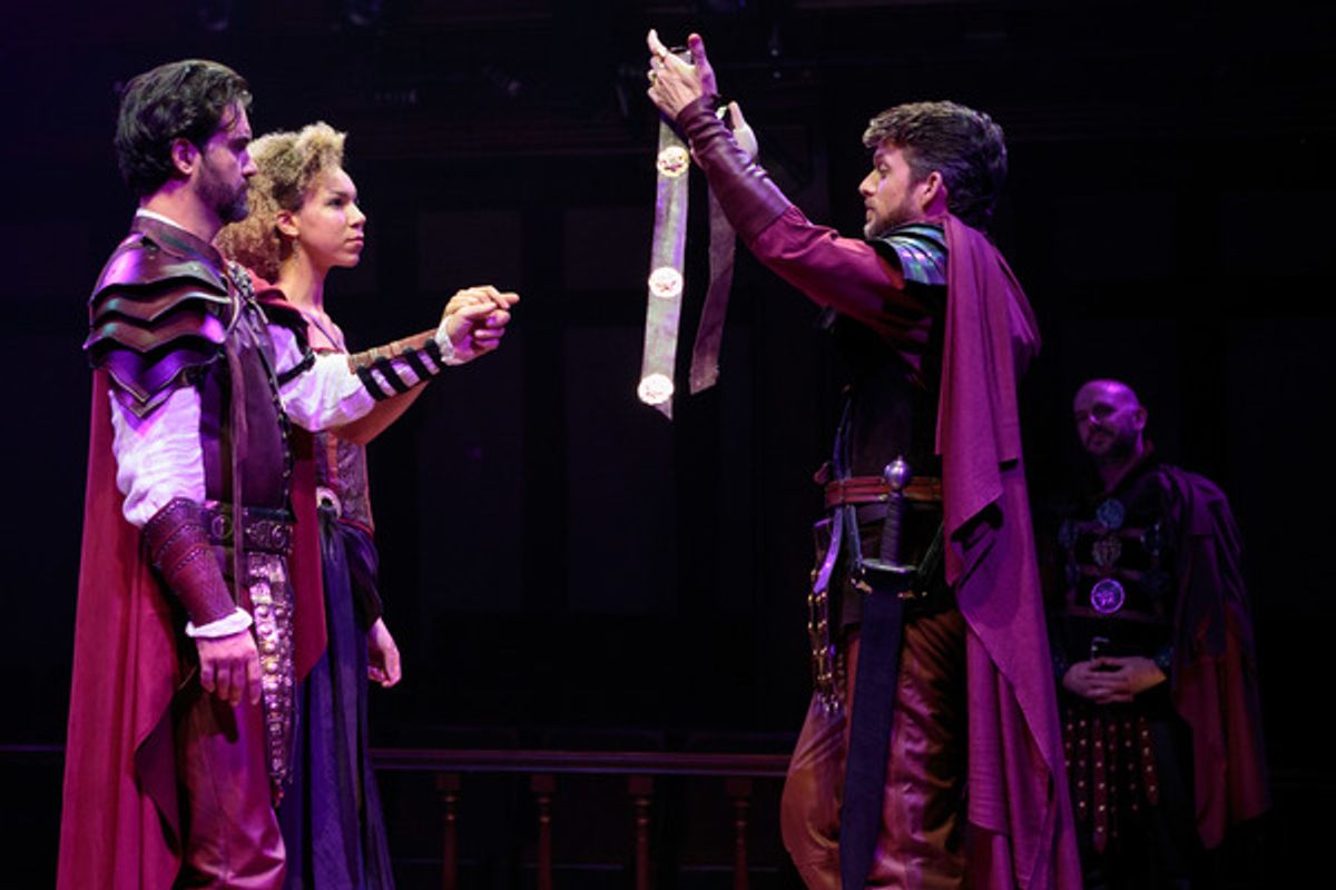 Lepidus (Robbie Gay) leads the wedding ceremony between Mark Antony (Cody Nickell) and Octavia (Nicole King), bringing peace to the leaders of Rome, with Agrippa (Chris Genebach) looking on. at 