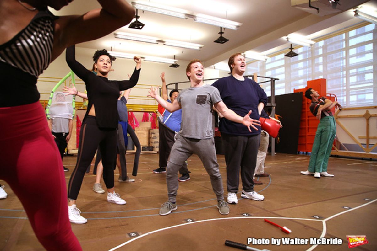 Lilli Cooper, Danny Skinner, Ethan Slater and Gavin Lee with cast at 