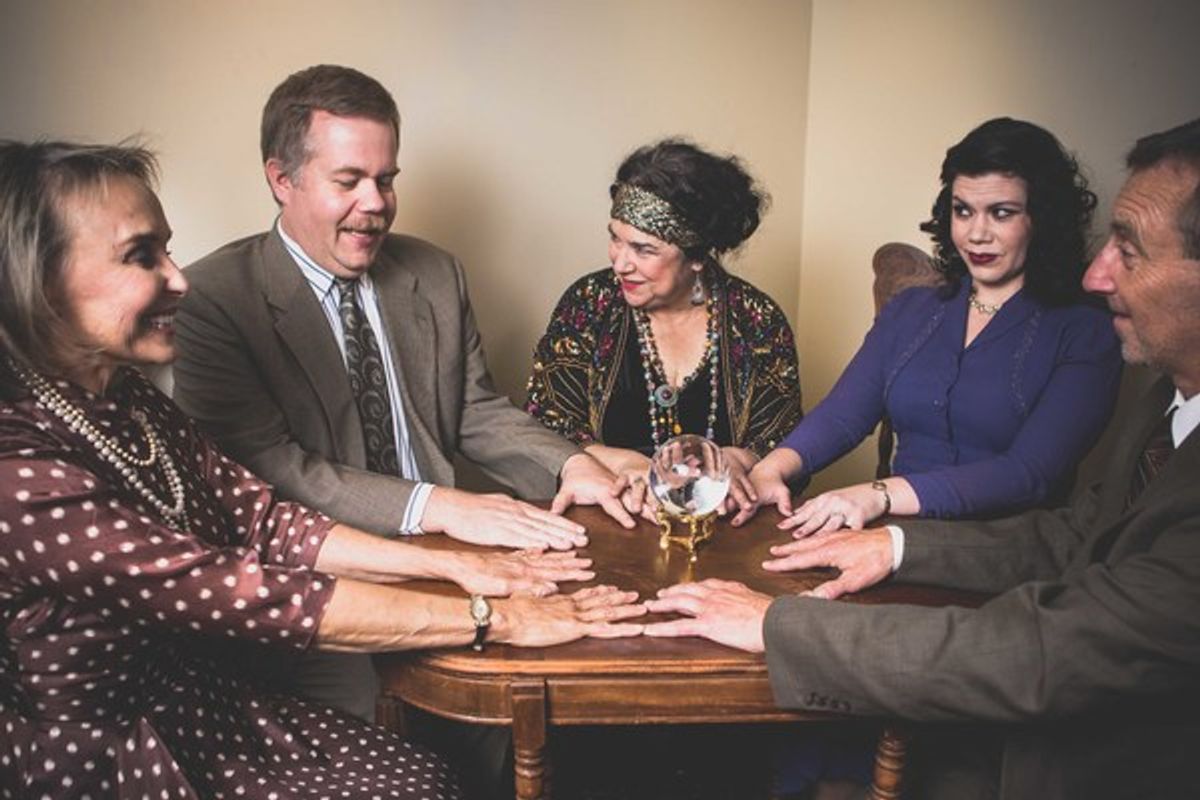 Violet Bradman (Darla Smedley), Charles Condomine (Jed Slaughter), Madame Arcati (Dana Messina Galagan), Ruth Condomine (Deya Ozburn) & George Bradman (John Saunders) at 