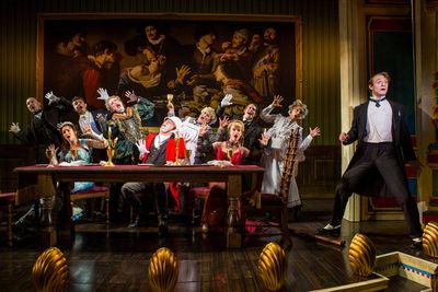 The cast with James Taylor Odom as Lord Adalbert D'Ysquith (red) and Blake Price (far Photo