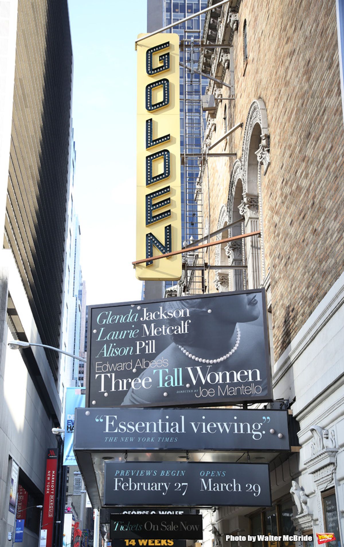 Theatre Marquee unveiling for Edward Albee's 1994 Pulitzer Prize-winning masterpiece, 'Three Tall Women' starring Glenda Jackson, Laurie Metcalf and Alison Pill under the direction of Joe Mantello at the Golden Theatre on October 17, 2017 in New York City at 