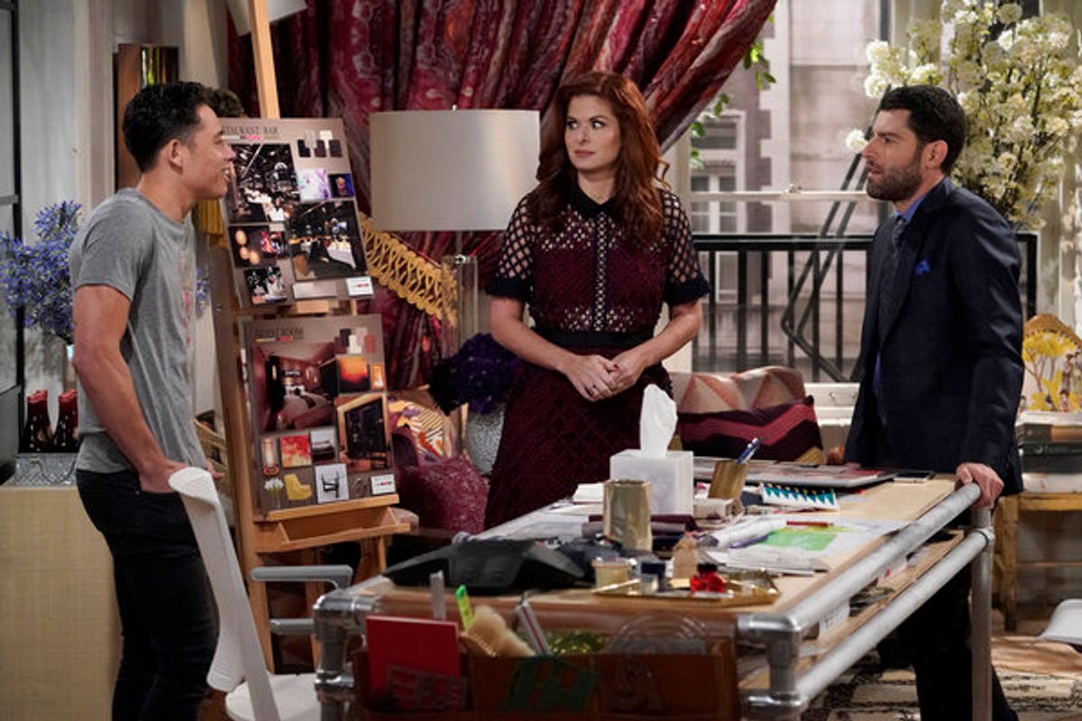 WILL & GRACE -- 'How to Succeed in Business Without Really Crying' Episode 106 -- Pictured: Anthony Ramos as Tony, Debra Messing as Grace Adler, Max Greenfield as Eli Wolff -- (Photo by Chris Haston/NBC) at 