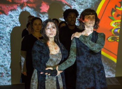  Sarah Lo and Lucy Carapetyan with the cast Photo