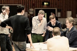 Ivo van Hove, Lee Hall. Krystian Lada, and Bryan Cranston Photo