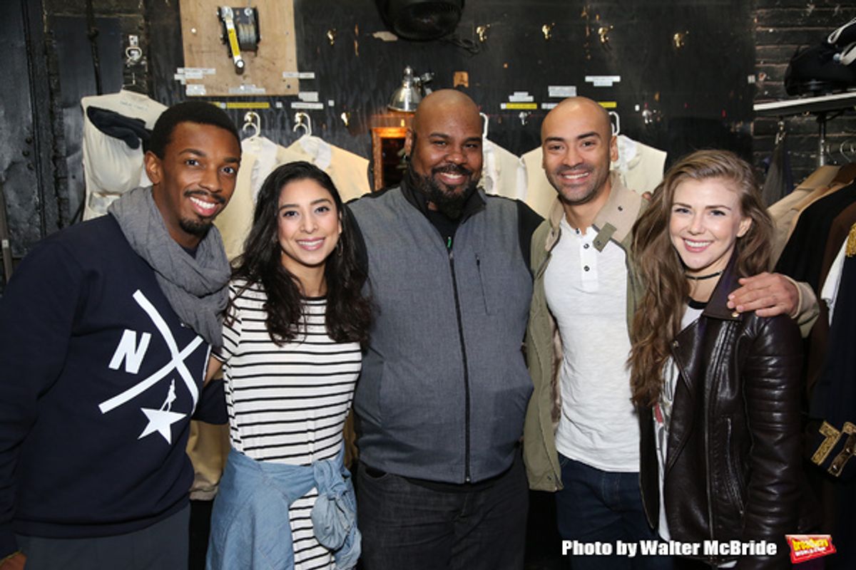 Tyler McKenzie, Lauren Boyd, James Monroe Tglehart, Jevon McFerrin and Eliza Ohman backstage before The Rockefeller Foundation and The Gilder Lehrman Institute of American History sponsored High School student #EduHam matinee performance of 'Hamilton' at  at 