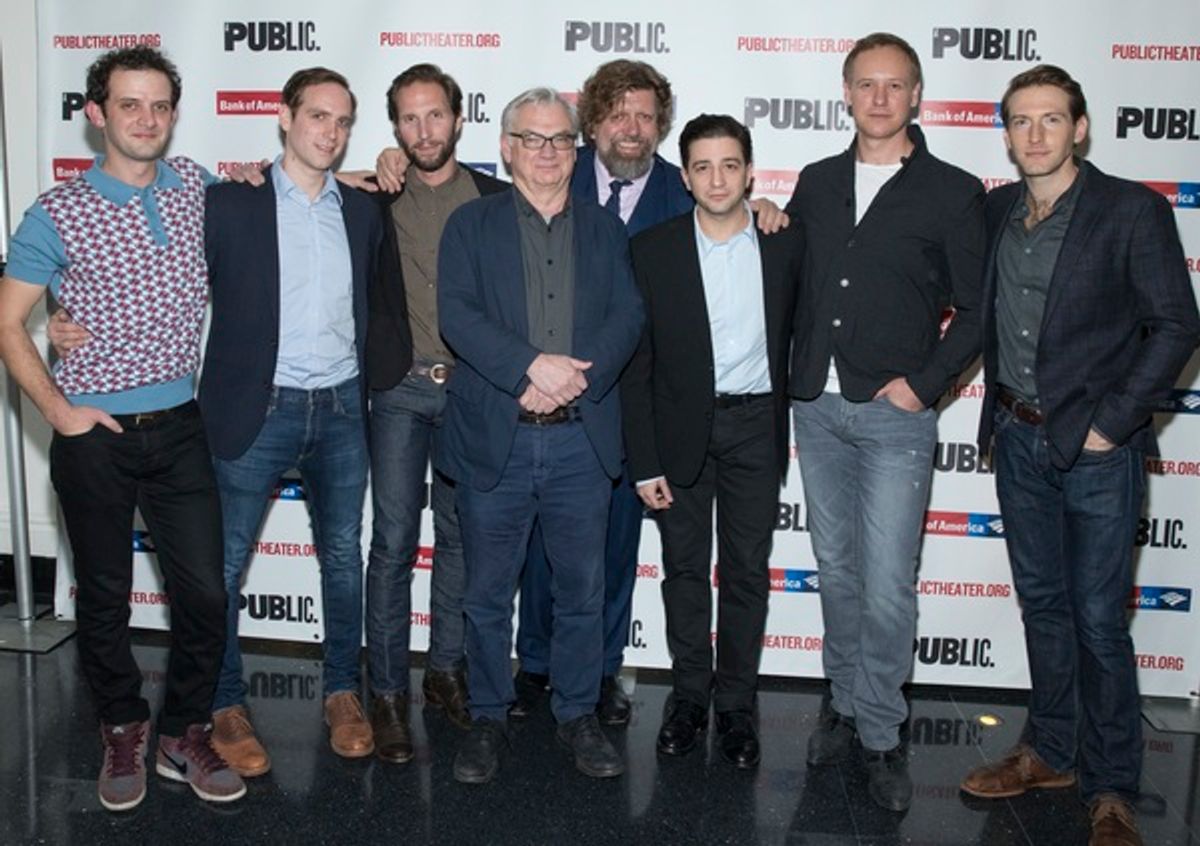 Will Brill, Max Woertendyke, Blake DeLong, and  Richard Nelson, Oskar Eustis, John Magaro, John Sanders, and Fran Kranz at 