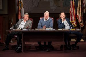 Jeff Still (Mr. Assalone), ensemble member William Petersen (Mayor Superba) and ensem Photo