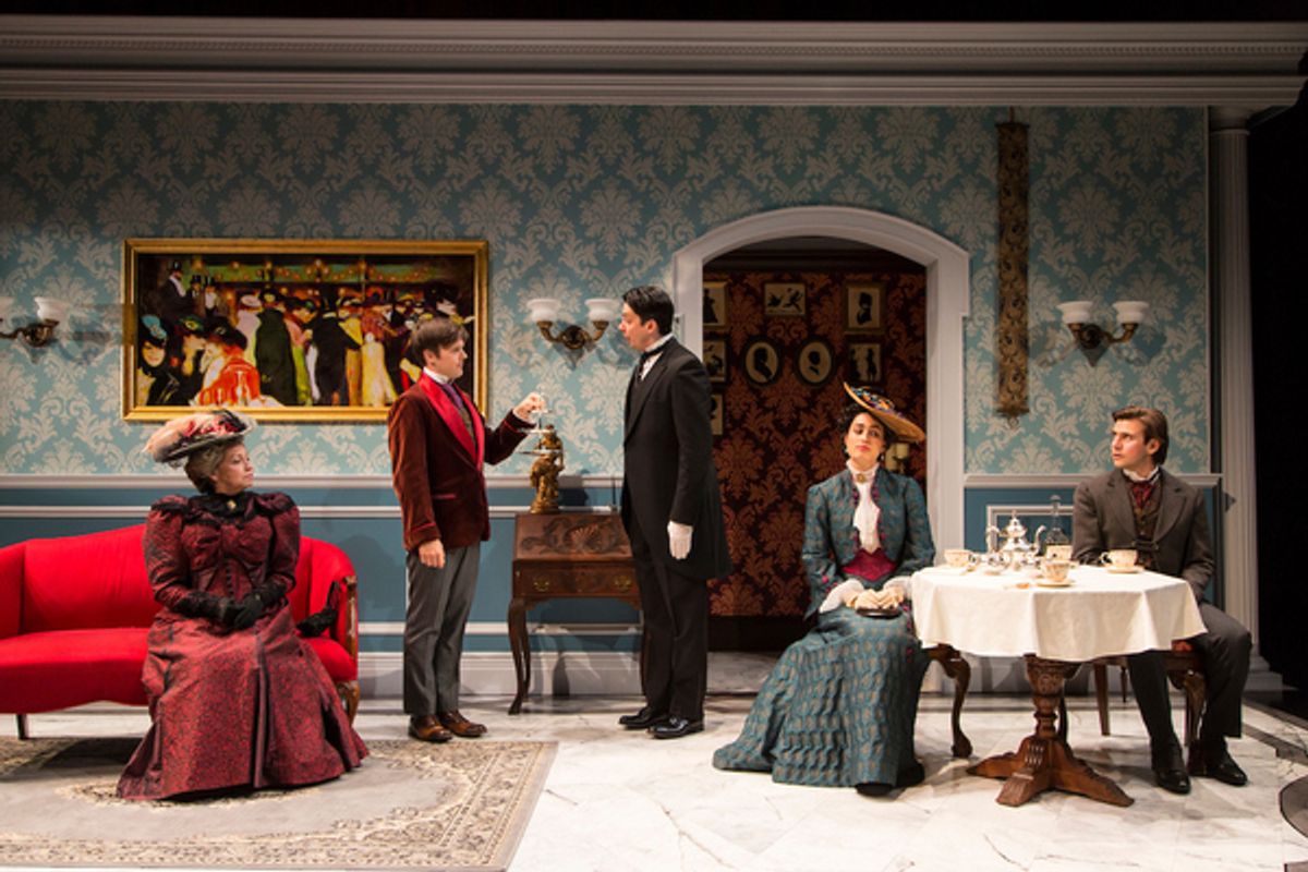 Randy Danson (Lady Bracknell), Sam Lilja (Algernon Moncrieff), Henry Vick (Lane), Rosa Gilmore (Gwendolen Fairfax) and Federico Rodriguez (John Worthing) in The Importance of Being Earnest at Two River Theater. 
  at 
