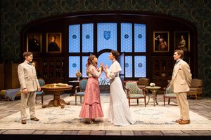 Sam Lilja (Algernon Moncrieff), Liesel Allen Yeager (Cecily Cardew), Rosa Gilmore (Gwendolen Fairfax) and Federico Rodriguez (John Worthing) in The Importance of Being Earnest at Two River Theater. @ BroadwayWorld Sam Lilja (Algernon Moncrieff), Liesel Allen Yeager (Cecily Cardew), Rosa Gilmore (Gw Photo