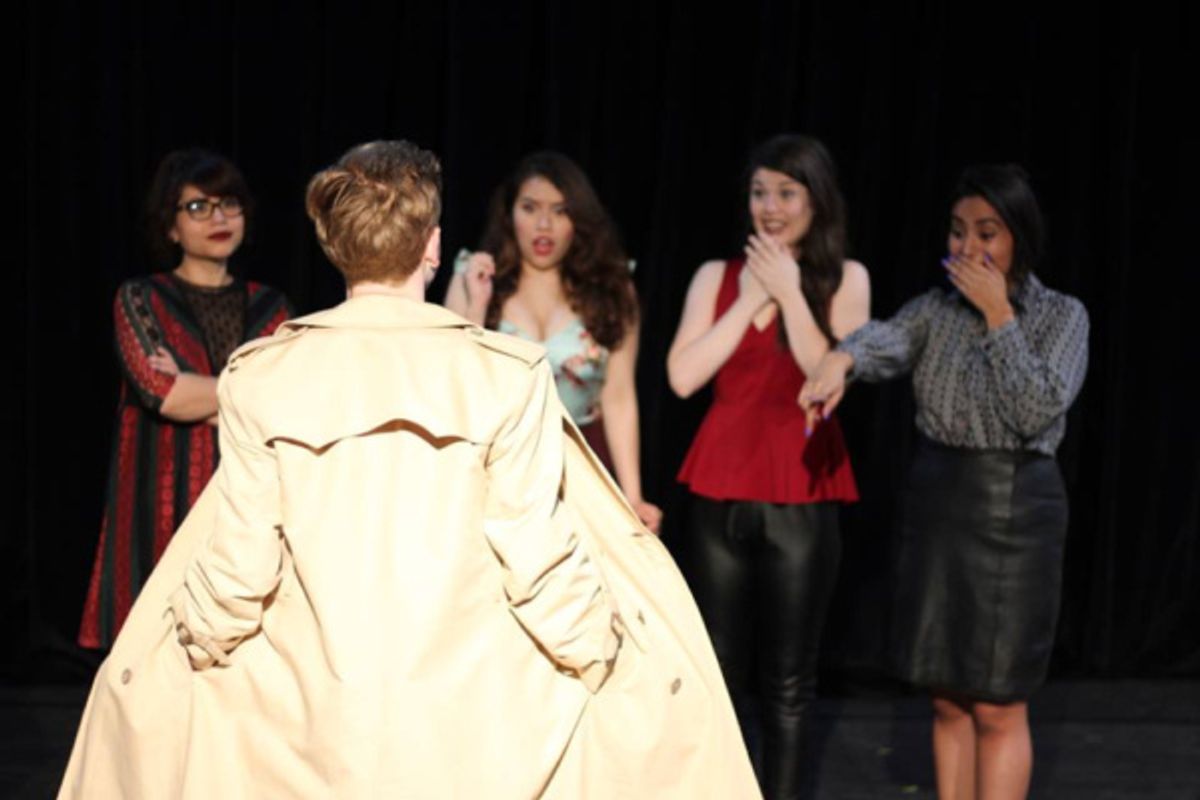 A special guest stops by the lingerie shop! (l. to r. Nicole Nesson, Helen Rios, Paige Thomas, Micah Obregon; foreground Samuel Denomy) at 