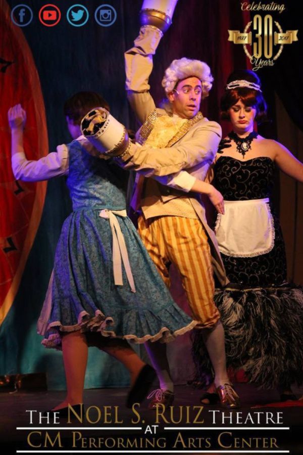 Belle (Katie Ferretti), Lumiere (Steve Cottonaro), Babette (Courtney Braun) Photo