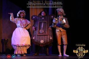 Mrs. Potts (Emily Nadler) Cogsworth (Marc Slomowitz), Lumiere (Steve Cottonaro) Photo