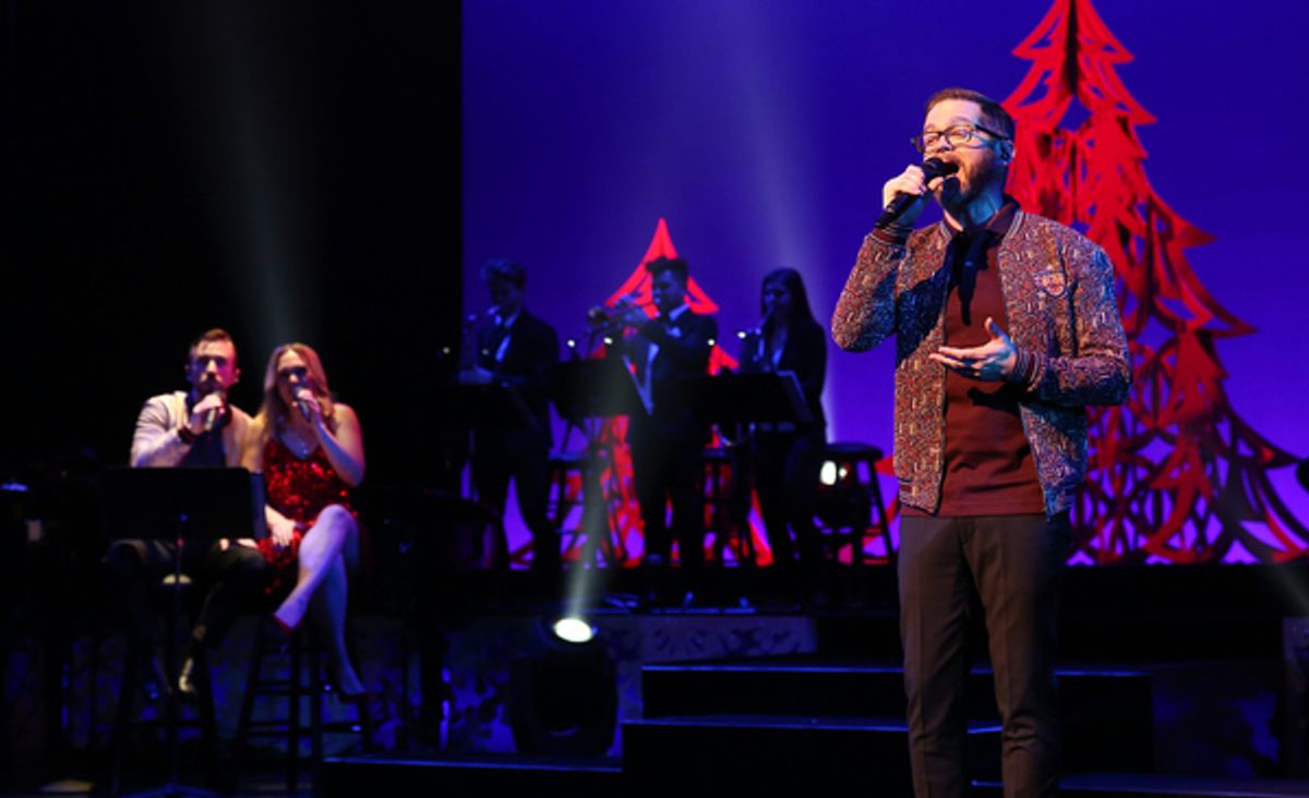 Josh Kaufman (foreground), with Peter Hollens, Evynne Hollens at 