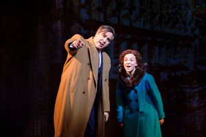 Andrew Varela (Oliver Warbucks) and KyLee Hennes (Annie in SKY cast) in rehearsal for Photo