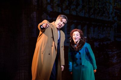 Andrew Varela (Oliver Warbucks) and KyLee Hennes (Annie in SKY cast) in rehearsal for Photo
