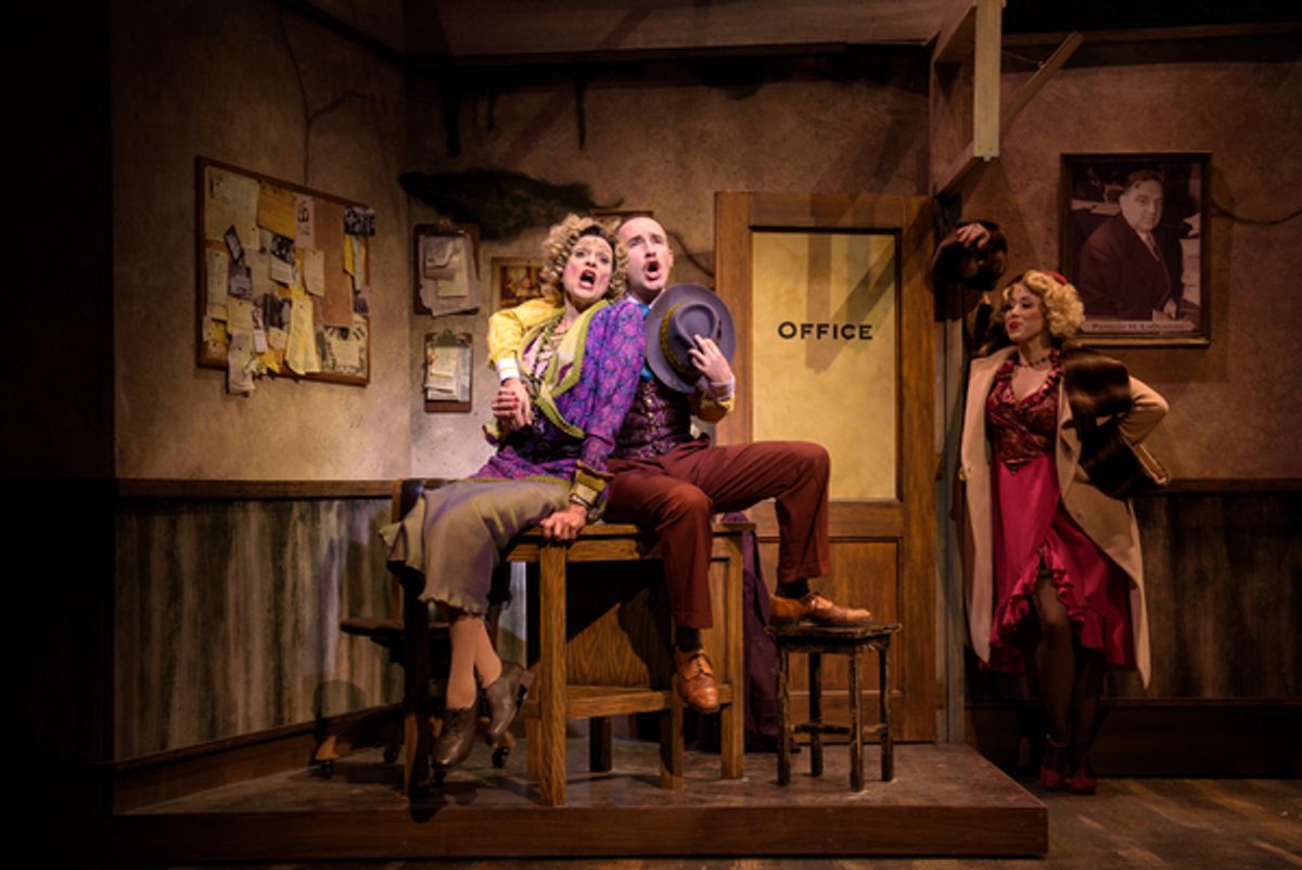 Carrie Hitchcock (Miss Hannigan), Matt Crowle (Rooster) and Samantha Sostarich (Lily St. Regis) in rehearsal for Skylight Music Theatreâ€™s production of Annie running November 17 through December 27.  at 