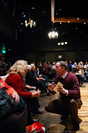 Mont Chris Hubbard plays music as Merideth Kaye Clark and Leif Norby gather winter memories from audience members for "Winter Song."
@ BroadwayWorld Mont Chris Hubbard plays music as Merideth Kaye Clark and Leif Norby gather winter me Photo