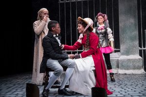 Larry Yando (Ebenezer Scrooge), Cameron Goode (Boy Scrooge), Ariana Burks (Fan) and Molly Brennan (Ghost of Christmas Past) @ BroadwayWorld Larry Yando (Ebenezer Scrooge), Cameron Goode (Boy Scrooge), Ariana Burks (Fan) and M Photo