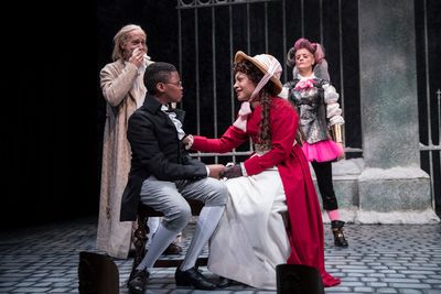 Larry Yando (Ebenezer Scrooge), Cameron Goode (Boy Scrooge), Ariana Burks (Fan) and M Photo