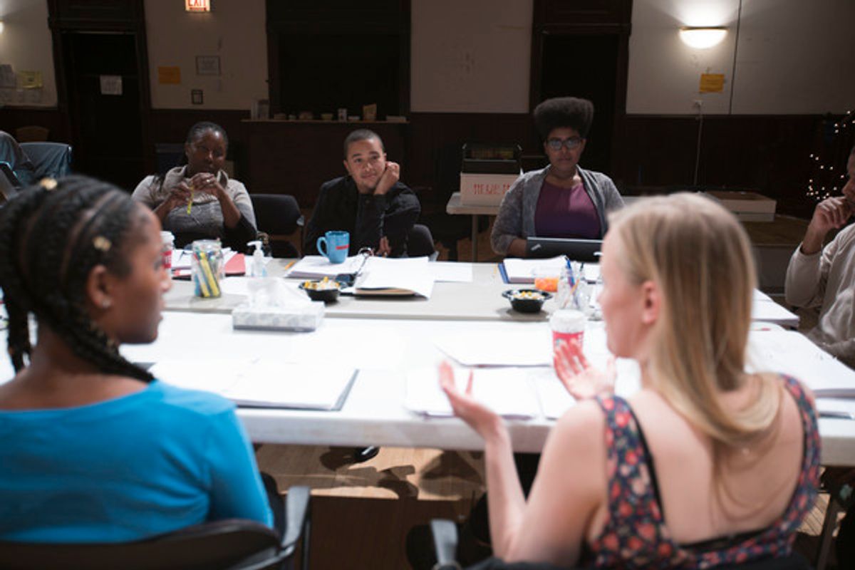 (front) Celeste Cooper (Imani) and Kelly O'Sullivan (That Bitch on the Couch/White Woman); (rear) director Nataki Garrett, playwright Aziza Barnes and script supervisor Regina Victor at 